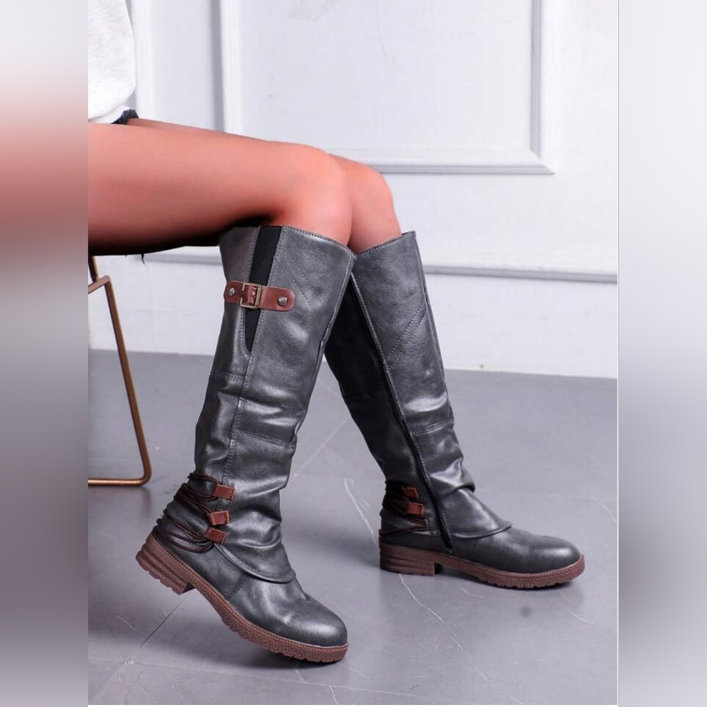 Women's Size 39 Fashionable Gray Faux Leather Motorcycle Boots (Knee High)